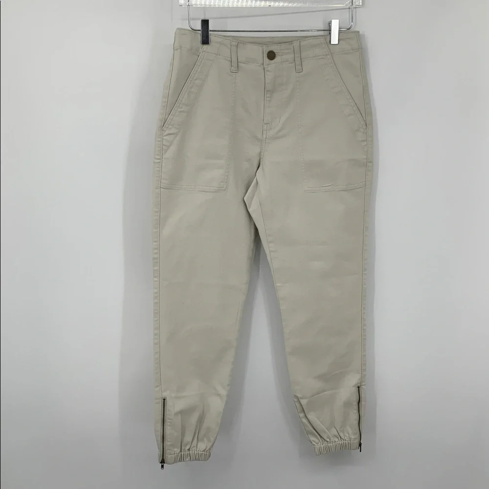 CAbi Compass jogger pants beige tan zipper stretch patch pockets oyster new 6